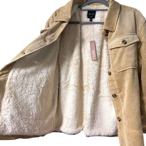 Tan Corduroy Button Up Jacket - Sherpa Lined Size Large NWT - Love Tree - Picture 9 of 13
